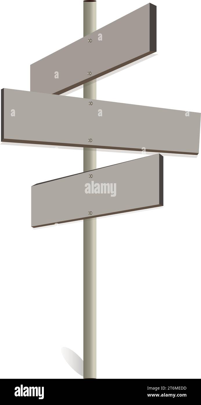 Modello vuoto set segnaletica stradale o stradale. insegne con puntatore, recinzione con chiodi in stile cartoni animati isolati su sfondo bianco. Illustrazione Vettoriale
