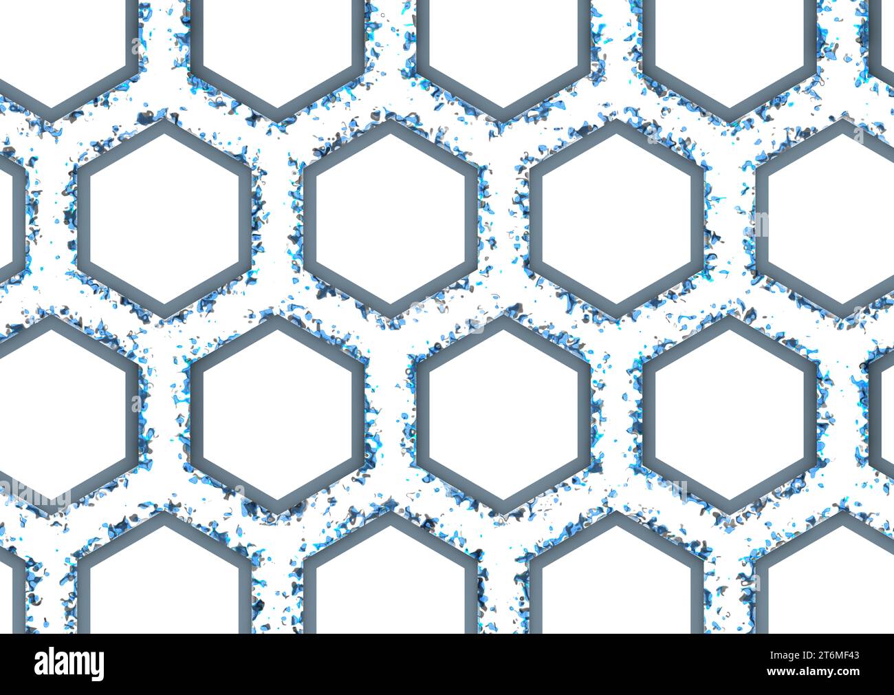 Spazio tra celle esagonali bianche riempite con forme di colore arrotondate con stile a matita e spazi bianchi Foto Stock