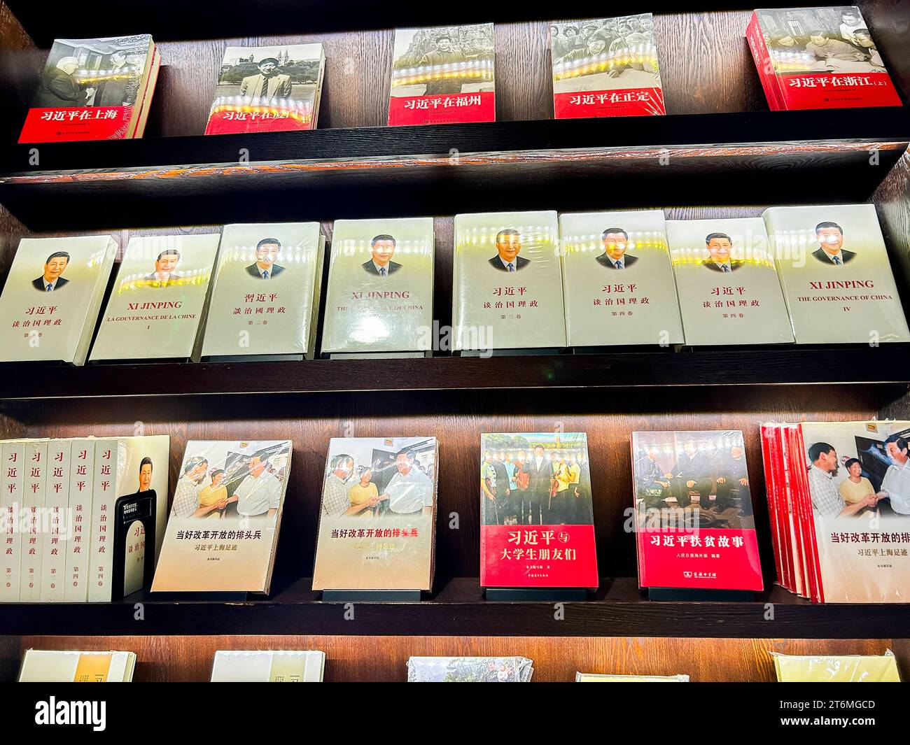 Shanghai, Cina, dettaglio, esposizione, area storica, "Sinan Open Air Museum", libreria cinese, libro in vendita del presidente Xi Xiping, "pensieri di Xi Jinping su una società benestante » politica internazionale Foto Stock