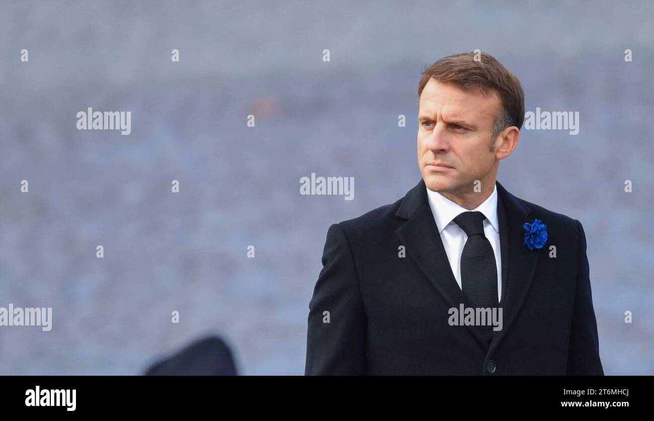 Parigi, Francia. 11 novembre 2023. Francia, PARIGI 2023-11-11. Il presidente della repubblica, Emmanuel Macron, durante le cerimonie dell'11 novembre. Fotografia di Francois Pauletto Credit: francois pauletto/Alamy Live News Foto Stock