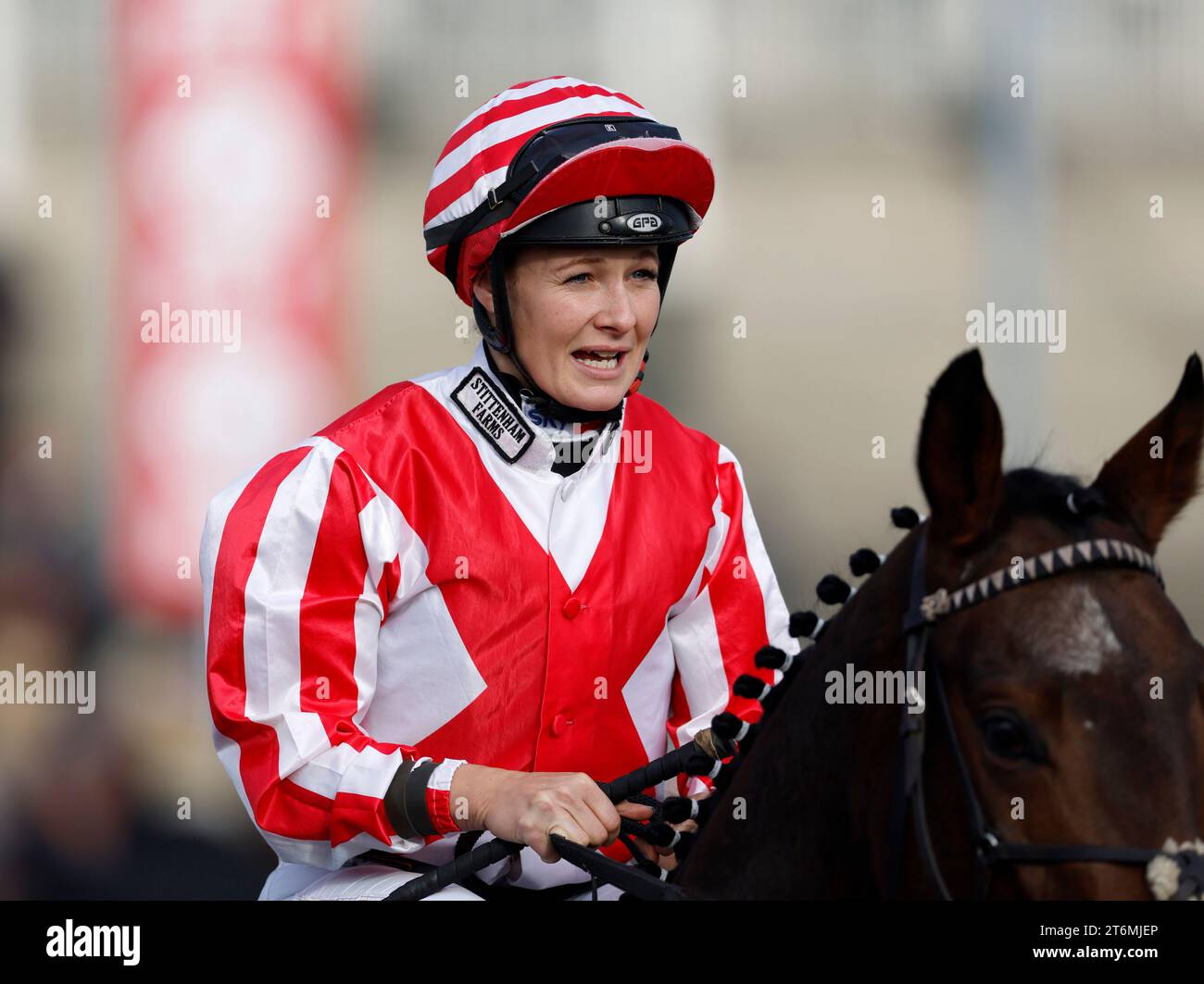 Jockey Joanna Mason cavalcando Bulmer Bank prima della Virgin Bet Daily Price aumenta il vivaio durante la Virgin Bet handicap di novembre all'ippodromo di Newcastle. Data immagine: Sabato 11 novembre 2023. Foto Stock