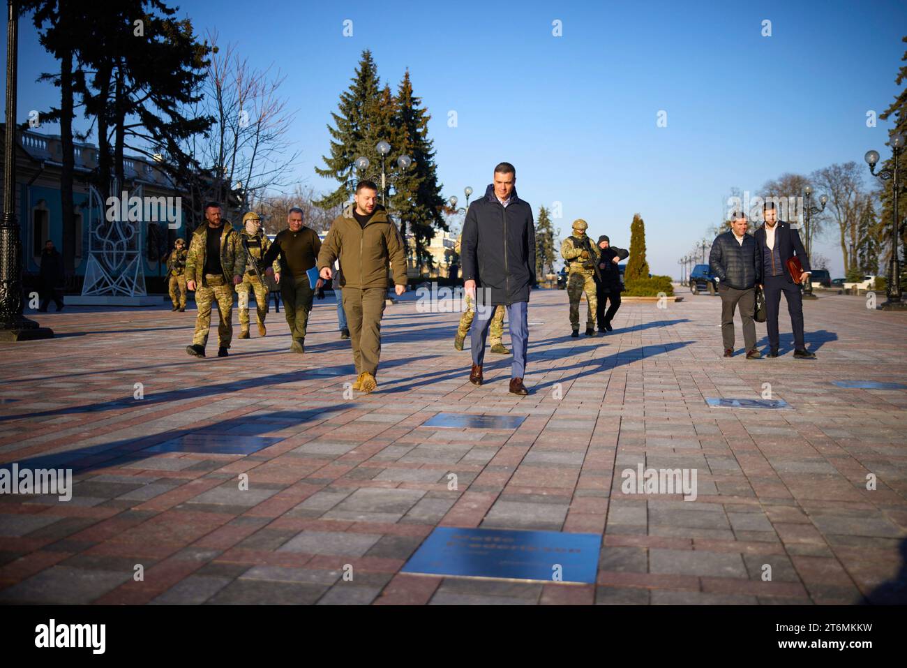 KIEV, UCRAINA - 23 febbraio 2023 - il primo ministro spagnolo Pedro Sanchez durante una visita in Ucraina per incontrare il presidente ucraino Volodymyr Ze Foto Stock