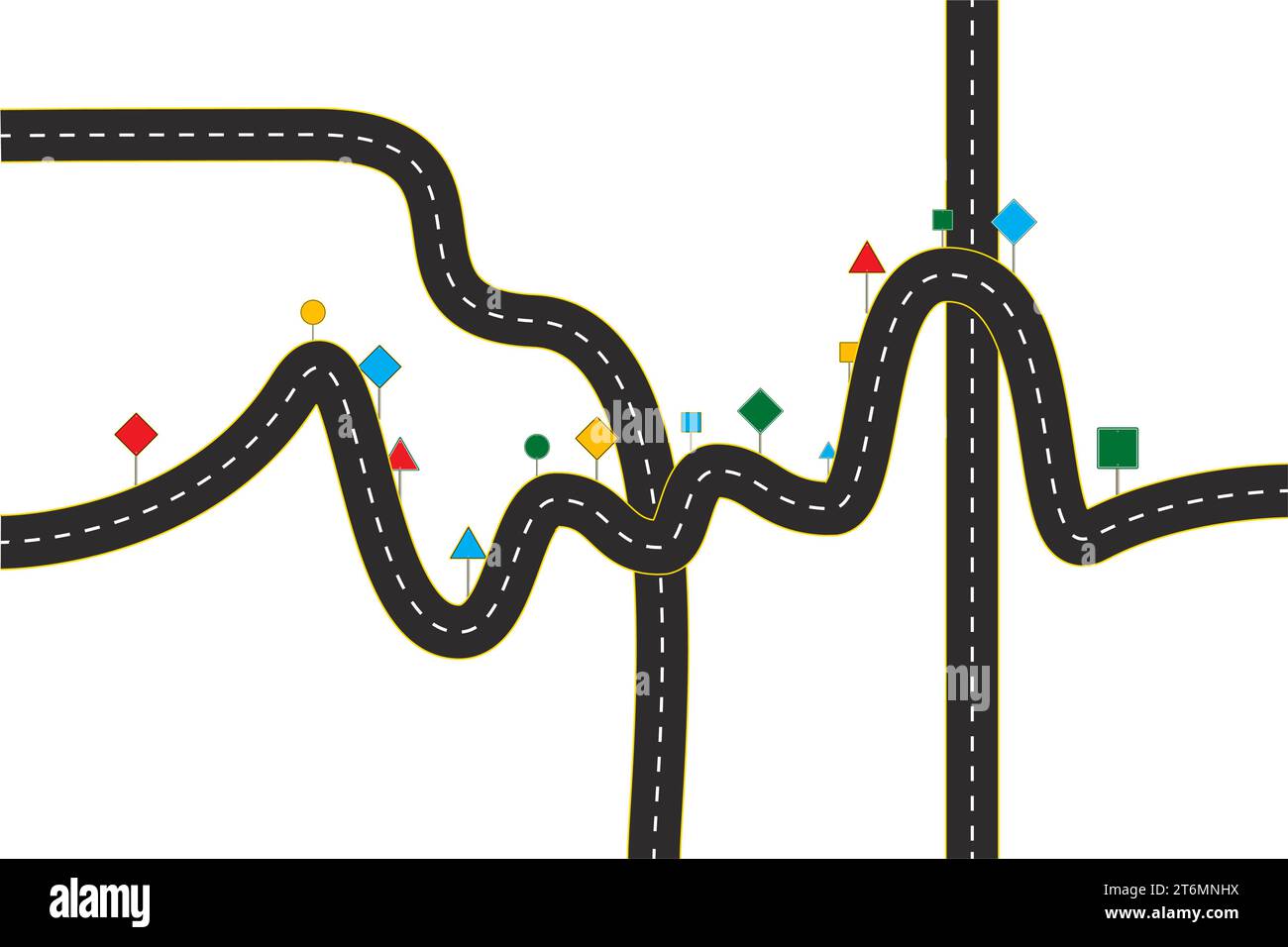 Strada Vector Black. Segnali stradali. La strada verso l'orizzonte in prospettiva. Icone infografiche della sequenza temporale della roadmap aziendale progettate per uno sfondo astratto. Illustrazione Vettoriale