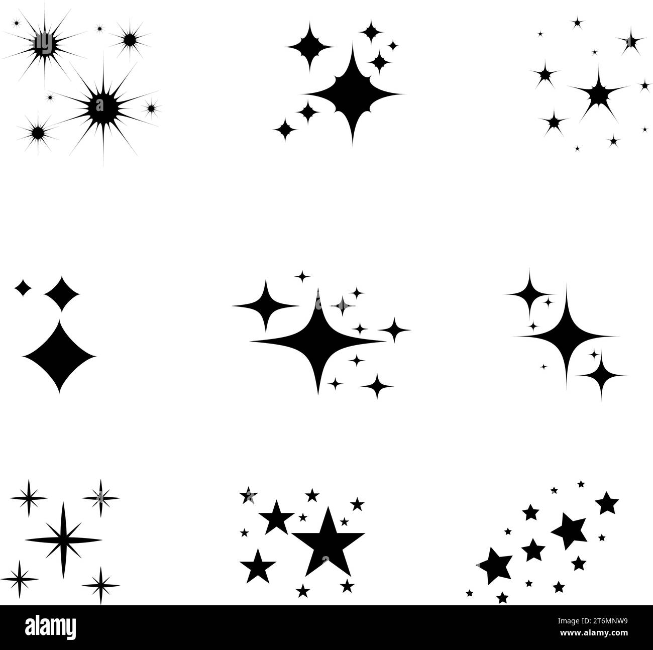 Un insieme di stelle brillanti e luminose, icone brillanti e stelle con particelle di decorazione natalizia creano un effetto rettilineo astratto. Stella scintillante Illustrazione Vettoriale