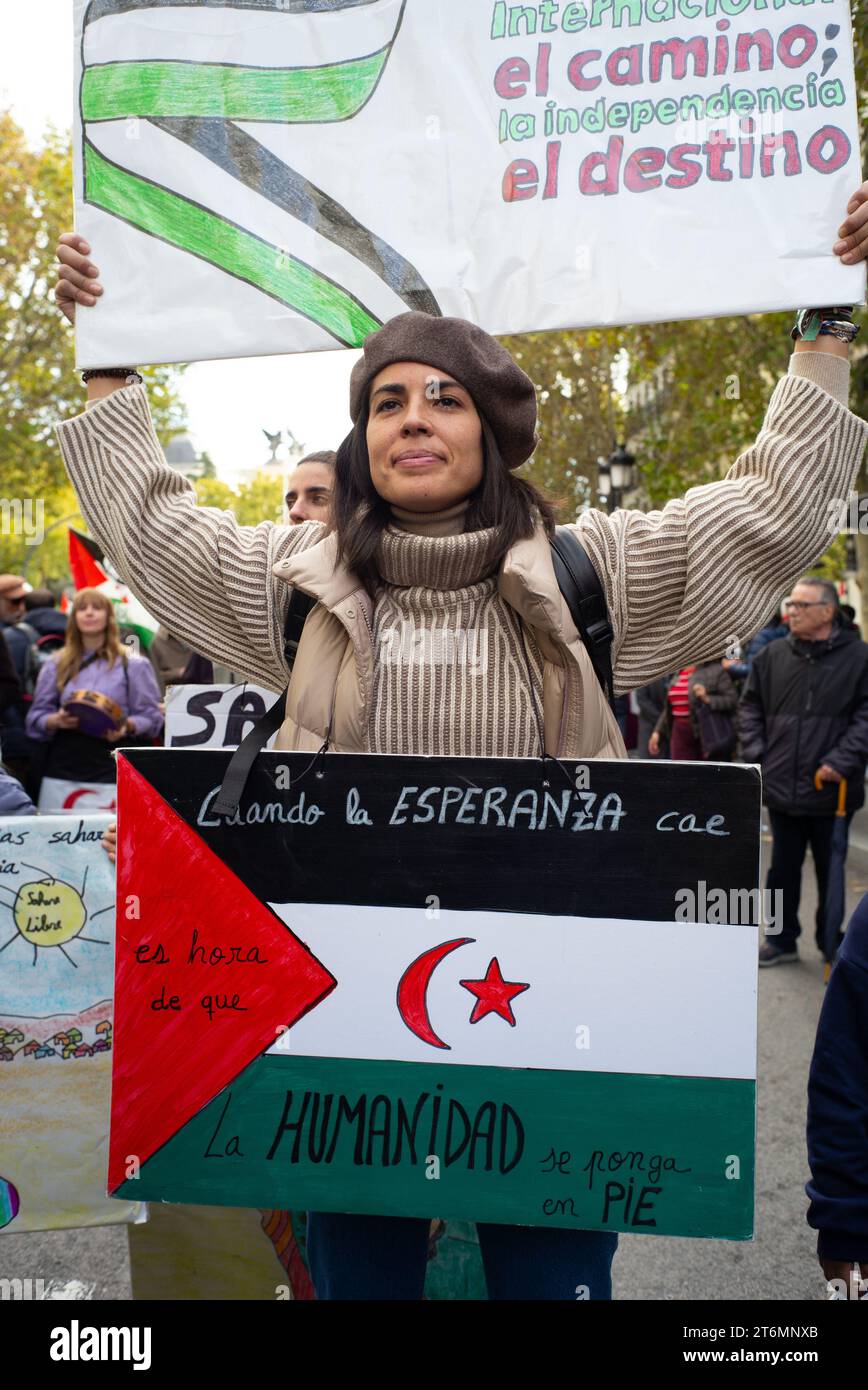 Manifestanti durante una manifestazione per i diritti umani e il diritto internazionale per la liberazione del popolo saharawi, in Atocha Street l'11 novembre 20 Foto Stock