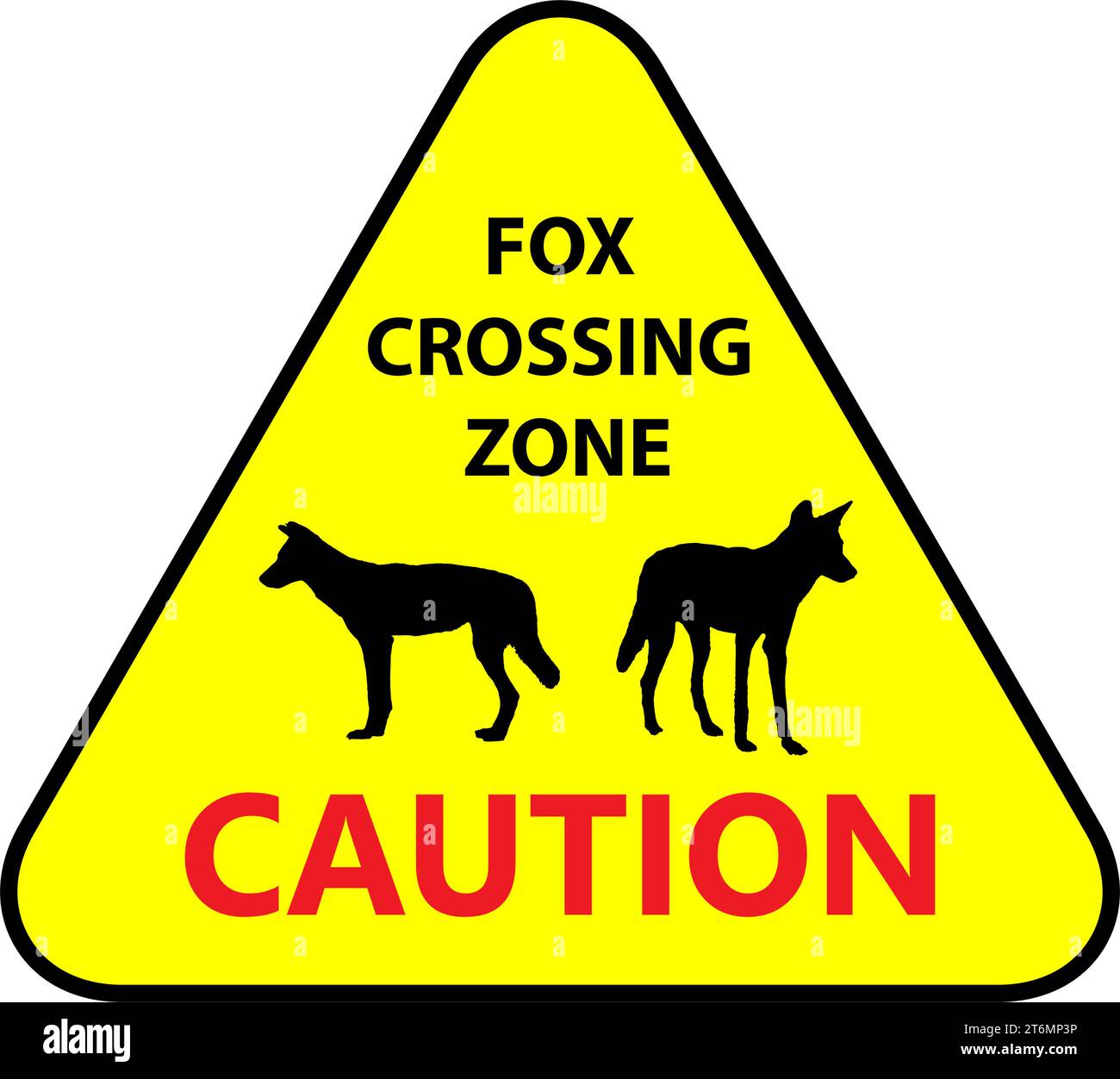 Cartello giallo: Fox Crossing zone. Guidare lentamente per la sicurezza degli animali. Comune sulle strade. Illustrazione vettoriale su sfondo bianco. Illustrazione Vettoriale