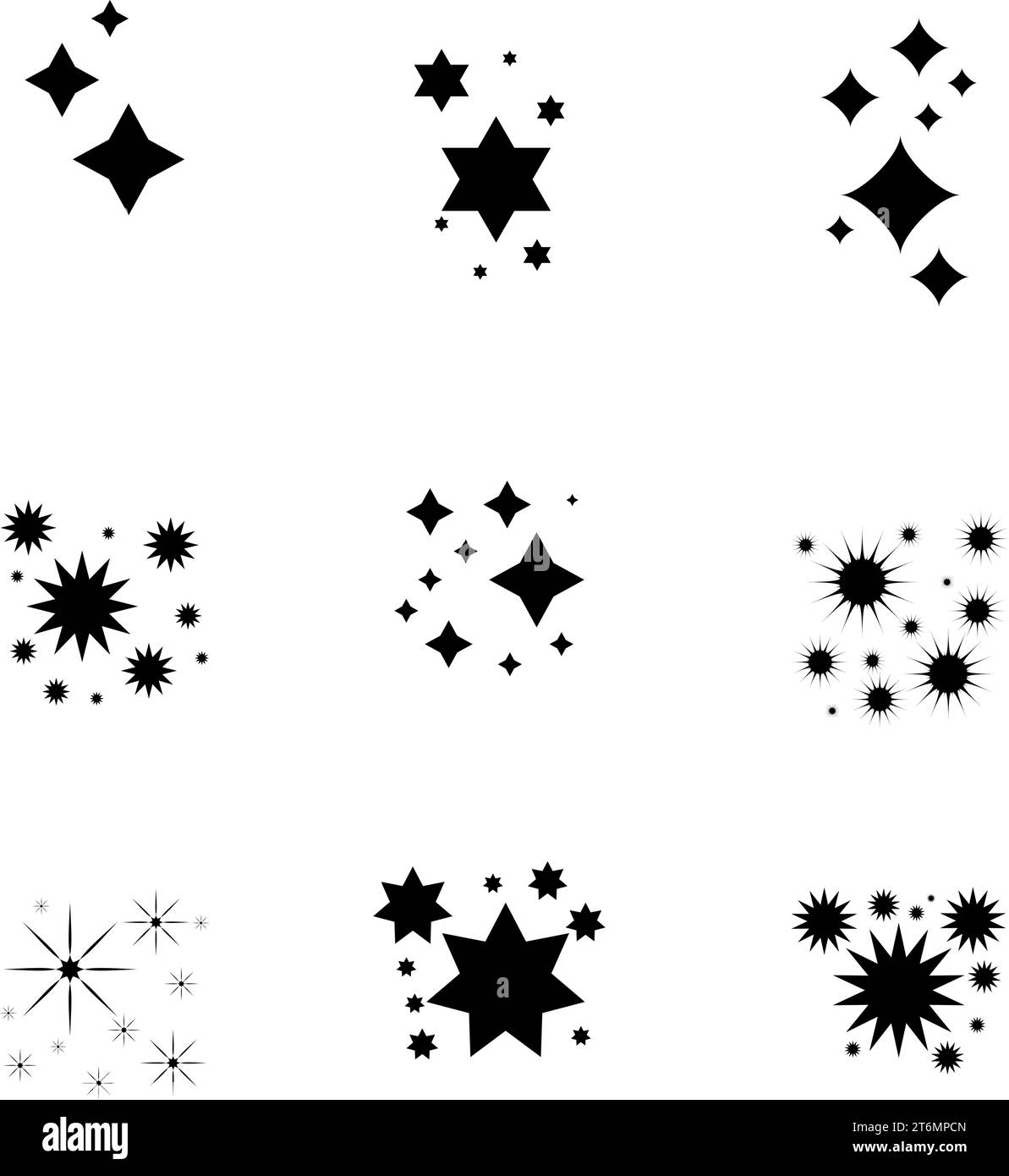 Un insieme di stelle brillanti e luminose, icone brillanti e stelle con particelle di decorazione natalizia creano un effetto rettilineo astratto. Stella scintillante Illustrazione Vettoriale