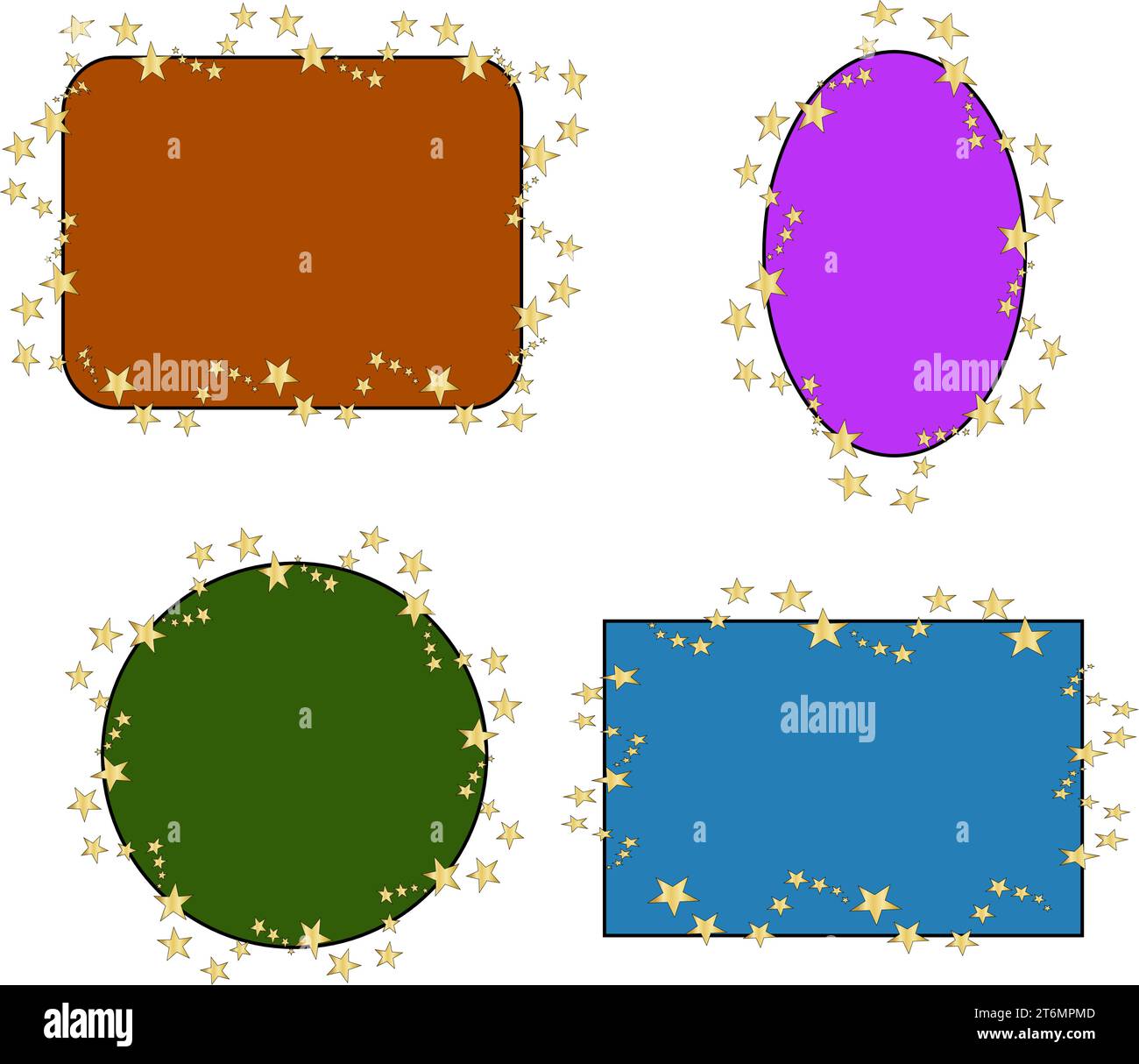stelle dorate e cerchio colore, quadrato e rettangolo, cornici ovali. illustrazione vettoriale. su sfondo bianco. Modello o modello per la progettazione. Illustrazione Vettoriale