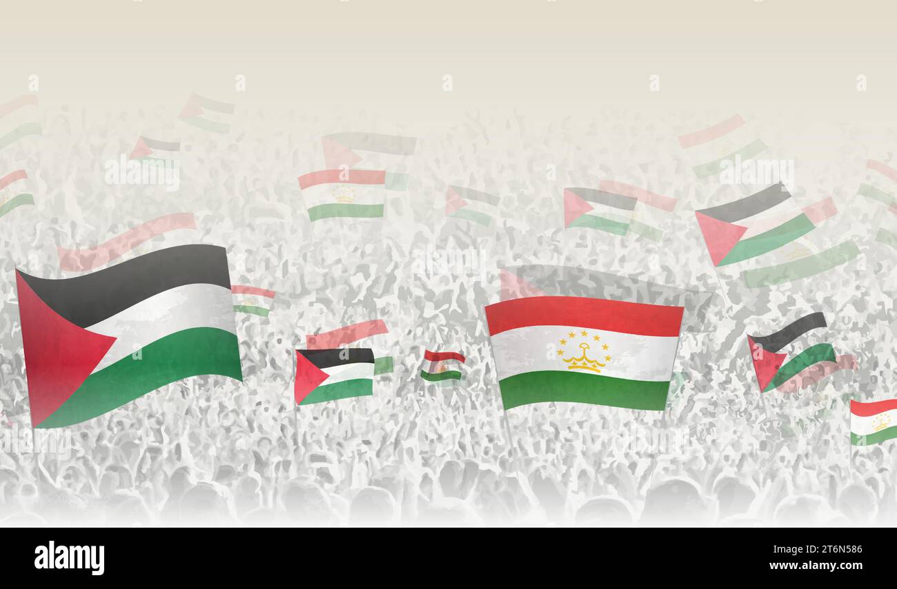 La Palestina e il Tagikistan bandierano in una folla di tifosi. Folla di persone con bandiere. Illustrazione vettoriale. Illustrazione Vettoriale