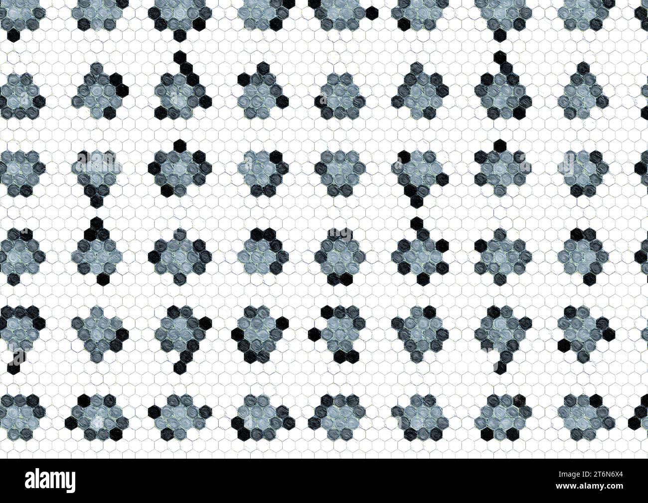 Immagine con sfondo esagonale bianco e pattern di celle irregolari di colore grigio e nero con texture e bordo sottile. Foto Stock