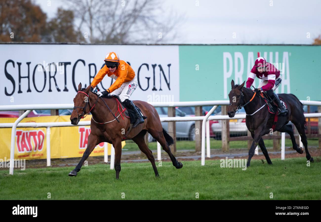 Down Royal, Irlanda del Nord, sabato 11 novembre 2023. Big Dee e il fantino Mr J. C. Barry vincono la Ladbrokes Pro/AM Flat Race per l'allenatore Eoin Christopher McCarthy e il proprietario Mr Sean Maguire. Credito immagini equine JTW / Alamy Live News. Foto Stock