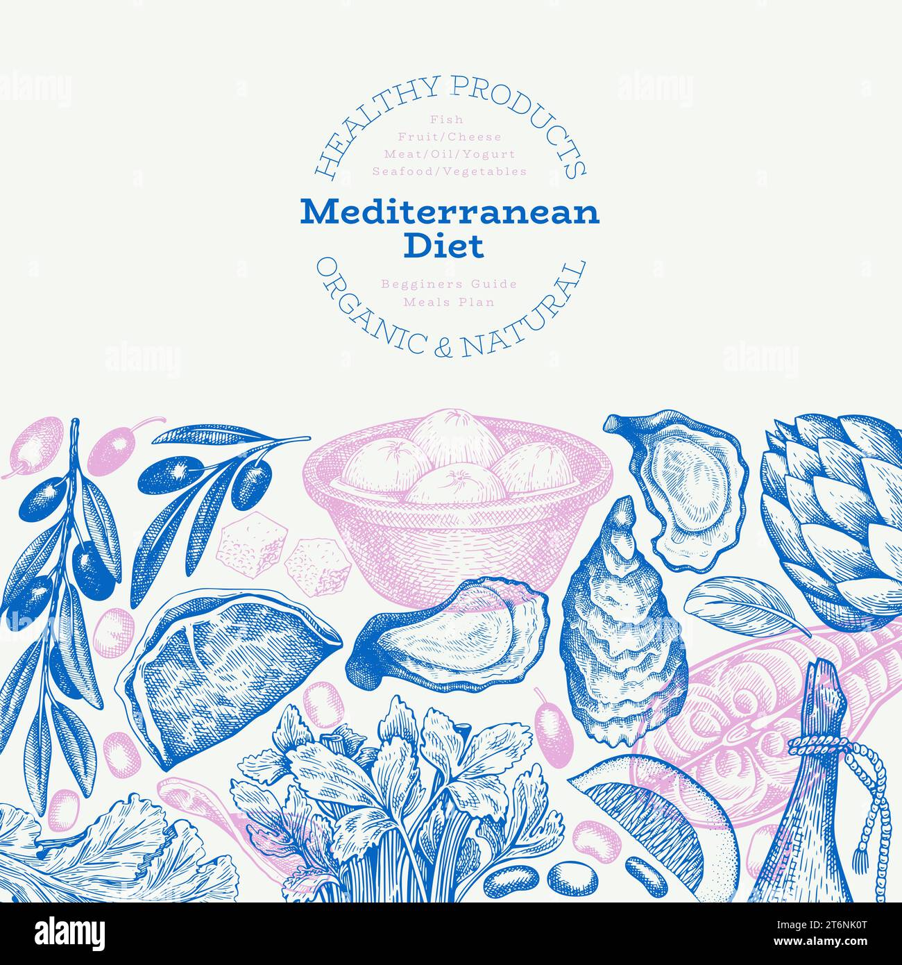 Modello di design della cucina mediterranea. Banner Vector disegnato a mano per alimenti sani. Illustrazione del menu in stile vintage. Illustrazione Vettoriale