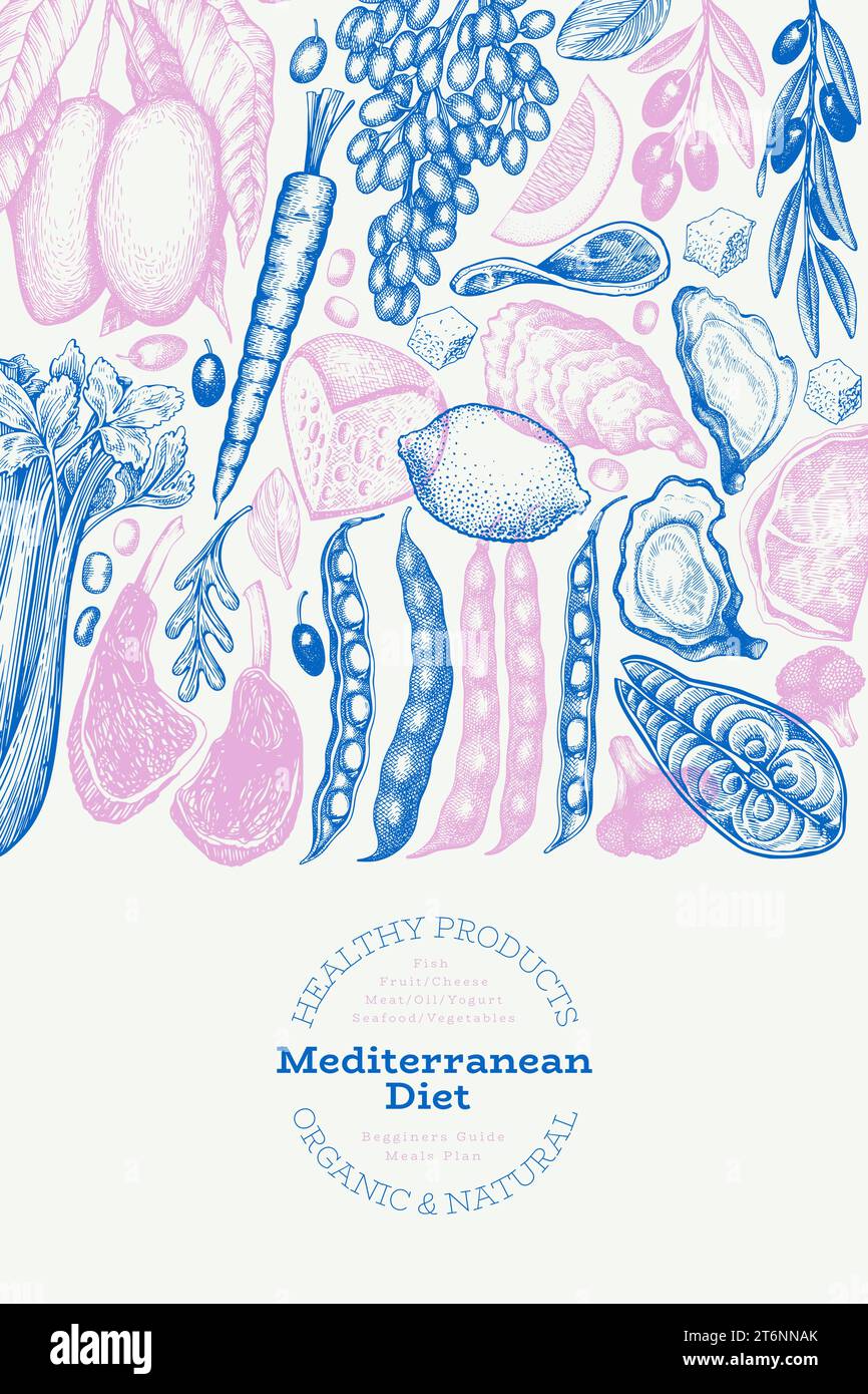 Modello di design della cucina mediterranea. Banner Vector disegnato a mano per alimenti sani. Illustrazione del menu in stile vintage. Illustrazione Vettoriale