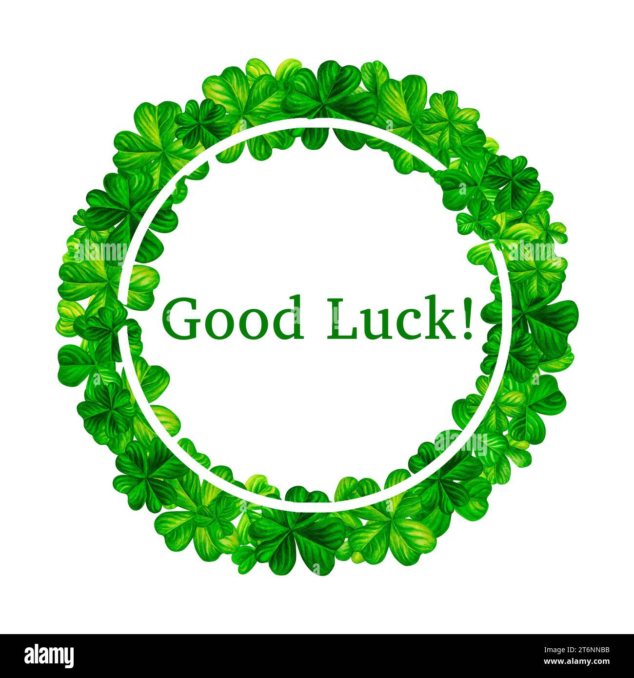 Timbro, etichetta con shamrock verde acquerello e buona fortuna per illustrazioni di design di primavera, San Patrizio, erba verde, verde estivo. Foto Stock