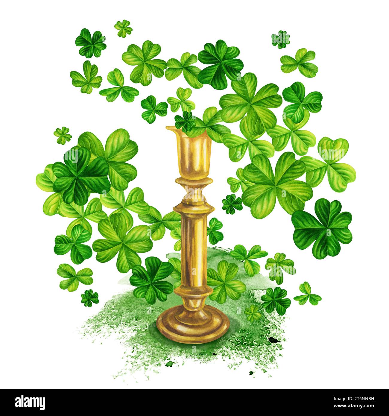 shamrock verde acquerello e candelabro dorato per St. Patrick's Day, magia, tesoro. Illustrazione su sfondo bianco Foto Stock