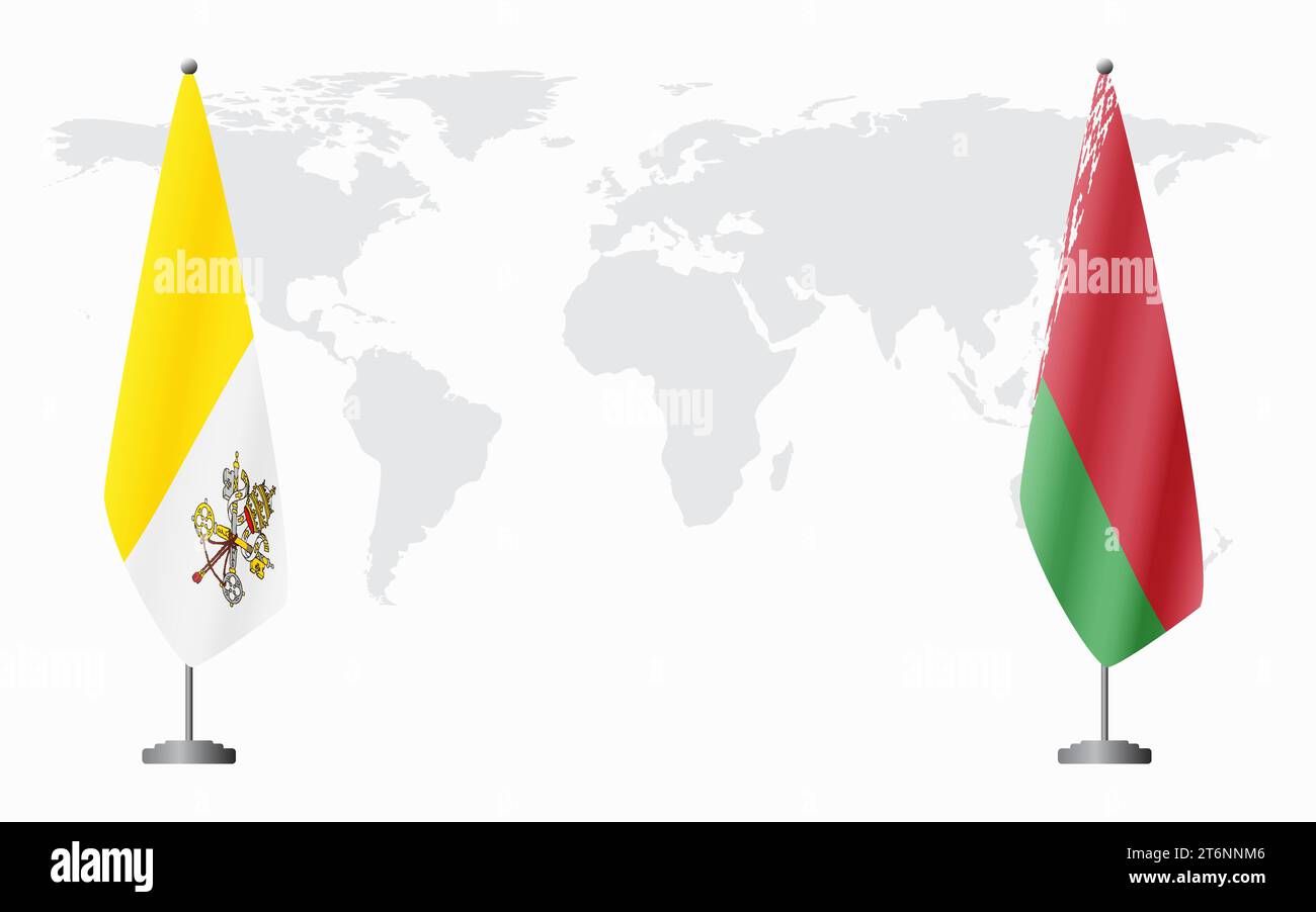 Bandiere del Vaticano e bielorusse per incontri ufficiali sullo sfondo della mappa mondiale. Illustrazione Vettoriale