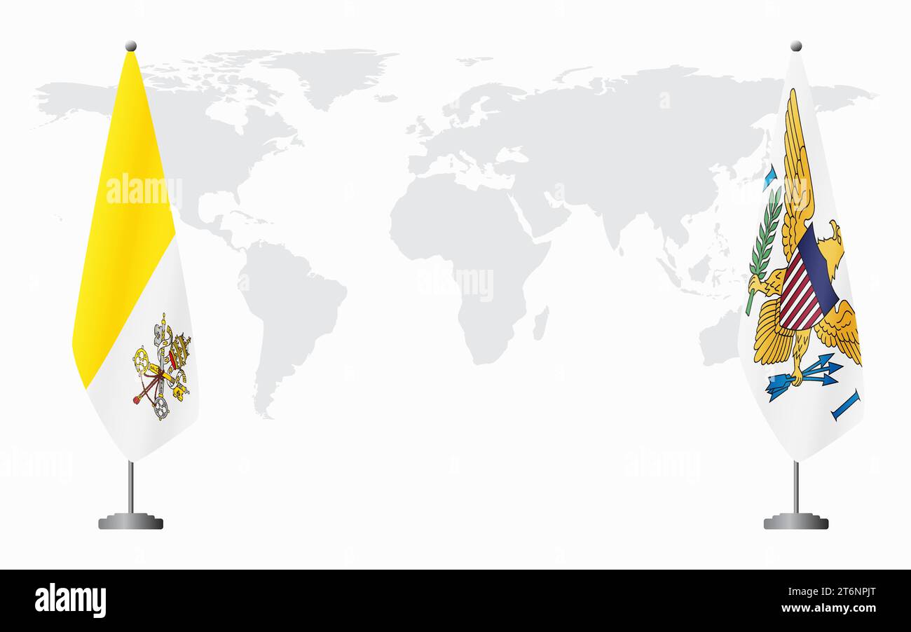 Il Vaticano e le Isole Vergini americane bandiere per un incontro ufficiale sullo sfondo della mappa mondiale. Illustrazione Vettoriale