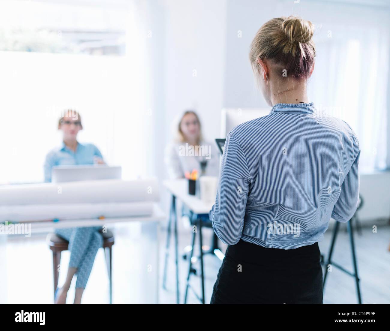 Donna d'affari con vista posteriore che tiene una riunione di presentazione Foto Stock