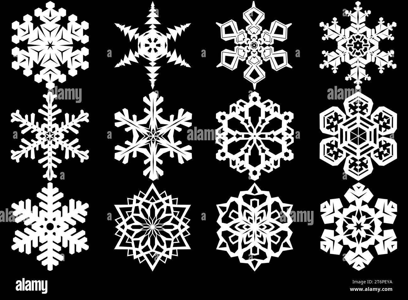 Collezione fiocchi di neve: Un accattivante primo piano di un'elegante collezione di fiocchi di neve, ognuno unico e intricato, isolato. Foto Stock