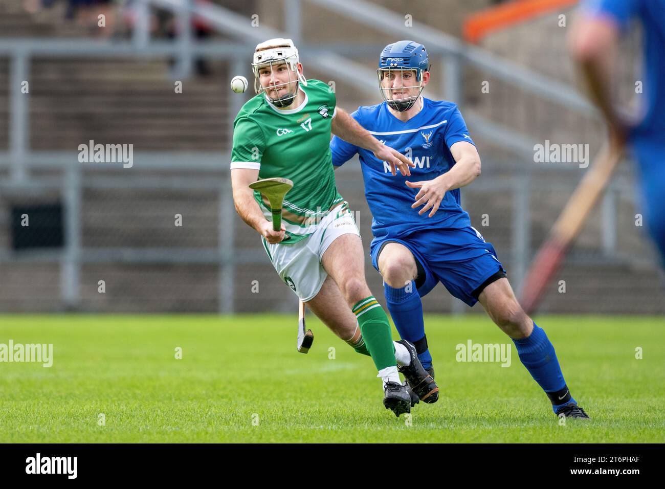 Irlanda contro Scozia Shinty / hurling International, giocata a Pairc Esler, Newry. Foto Stock