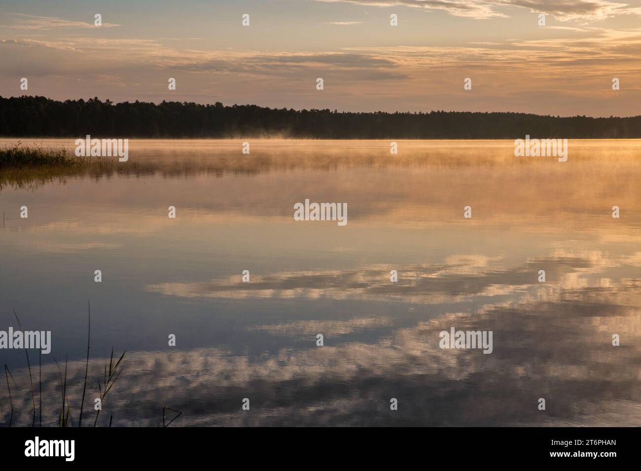 Vista panoramica sull'alba del lago bianco nella regione di Rivne, Ucraina. Foto Stock
