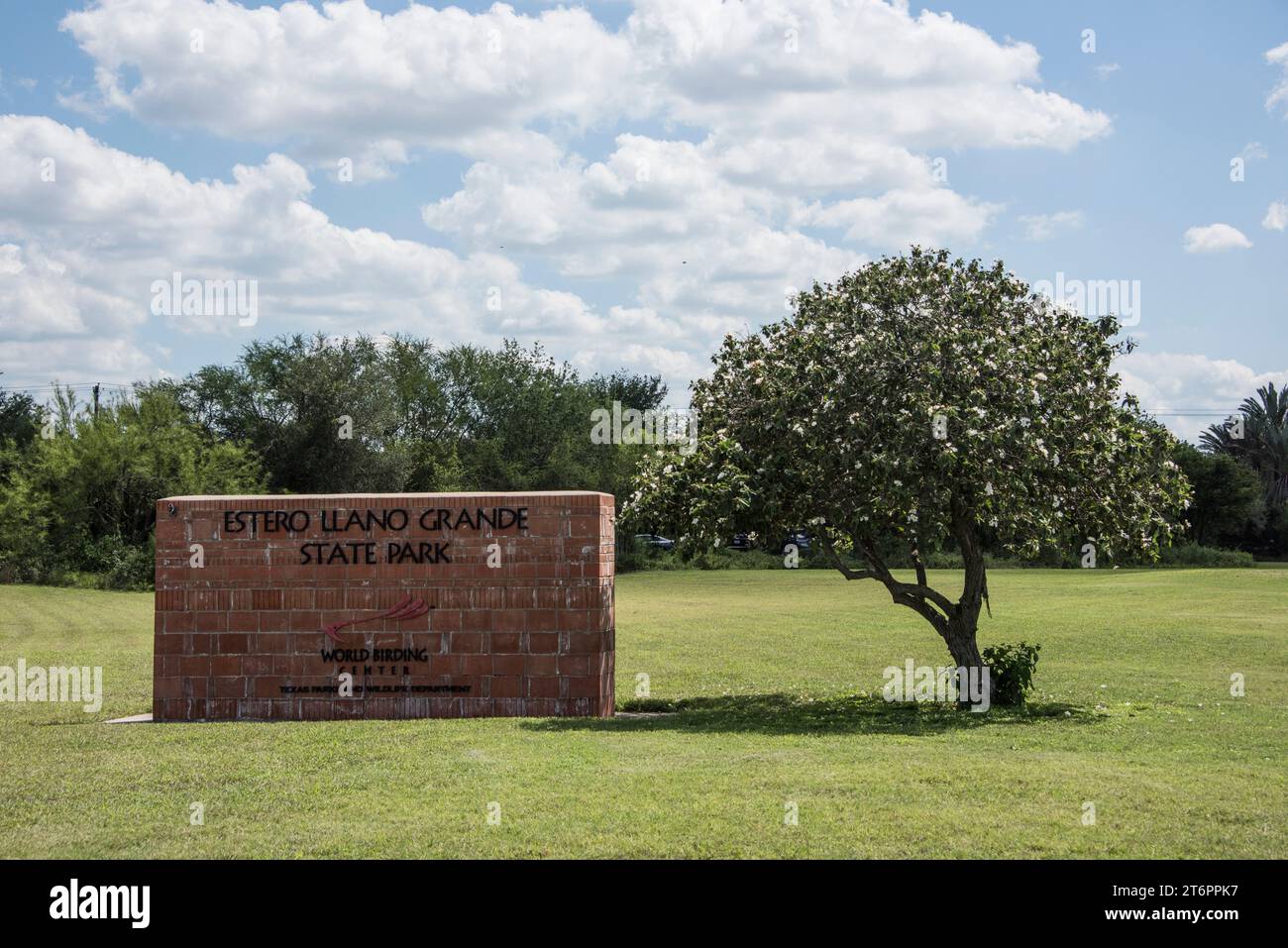 Ingresso e cartello in mattoni per il parco statale estero Llano grande, weslaco, texas, usa Foto Stock