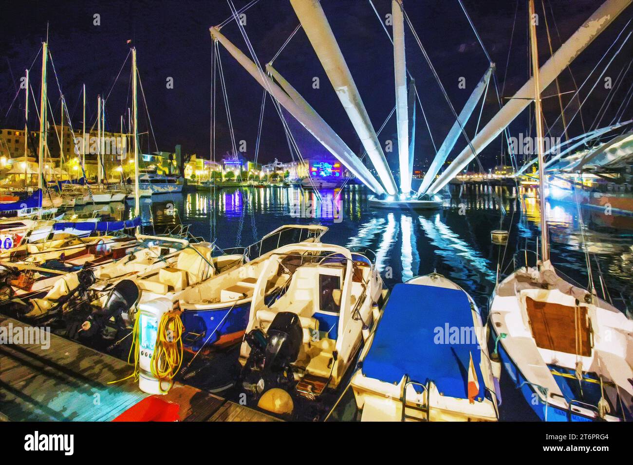 22-09-2015, Genova, Italia. Porto Antico a Genova di notte con qualche costruzione metallica (?) Foto Stock