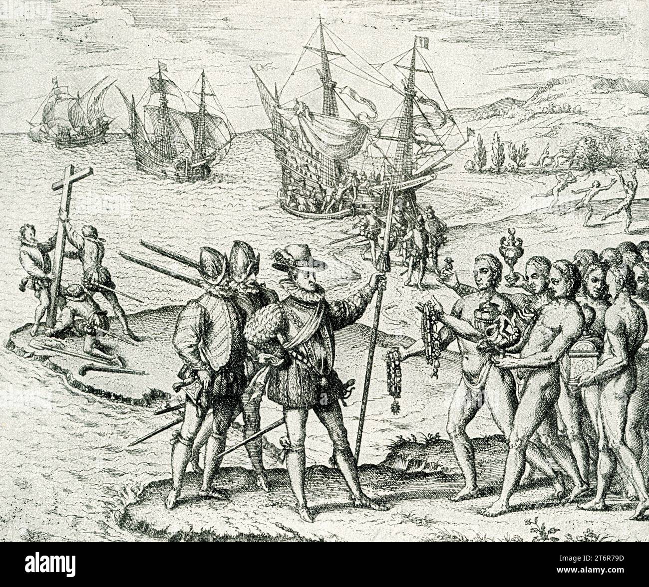 Questa illustrazione dello sbarco di Colombo è tratta da "Americae partes", pubblicato a Francoforte sul meno nel 1590. Mostra Cristoforo Colombo e i membri del suo equipaggio su una spiaggia nelle Indie occidentali, appena sbarcato dalla sua nave ammiraglia Santa Maria il 12 ottobre 1492. Lo sbarco sull'isola fu il primo sbarco della loro spedizione a trovare una rotta verso ovest dall'Europa alla Cina, al Giappone e forse a terre sconosciute. Foto Stock