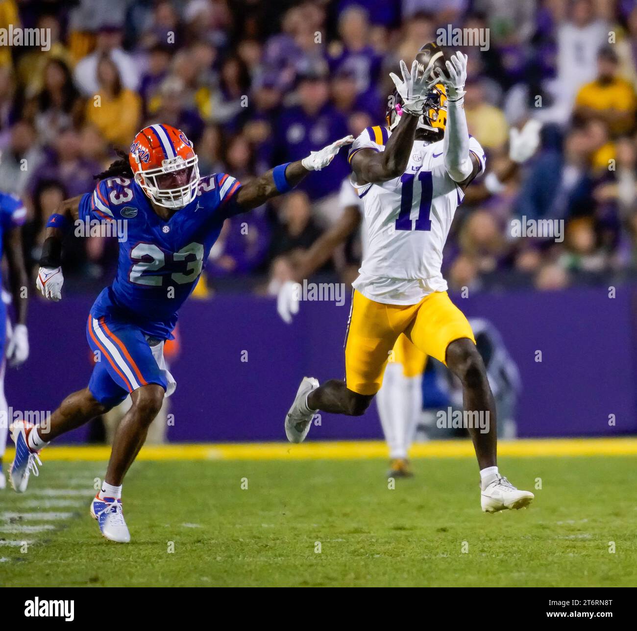 11 novembre 2023: Il wide receiver dei LSU Tigers BRIAN THOMAS JR. (11) riceve un passaggio nel secondo quarto durante la partita tra i Florida Gators e i LSU Tigers al Tiger Stadium di Baton Rouge, Louisiana. (Foto di: Jerome Hicks/ Sipa USA) Foto Stock