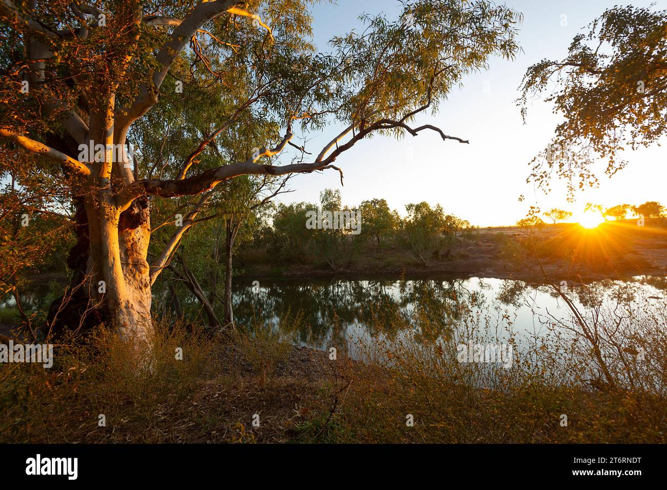 Luce dorata all'alba sul fiume Behr, regione di Kimberley, Duncan Road, Australia Occidentale, Australia Foto Stock