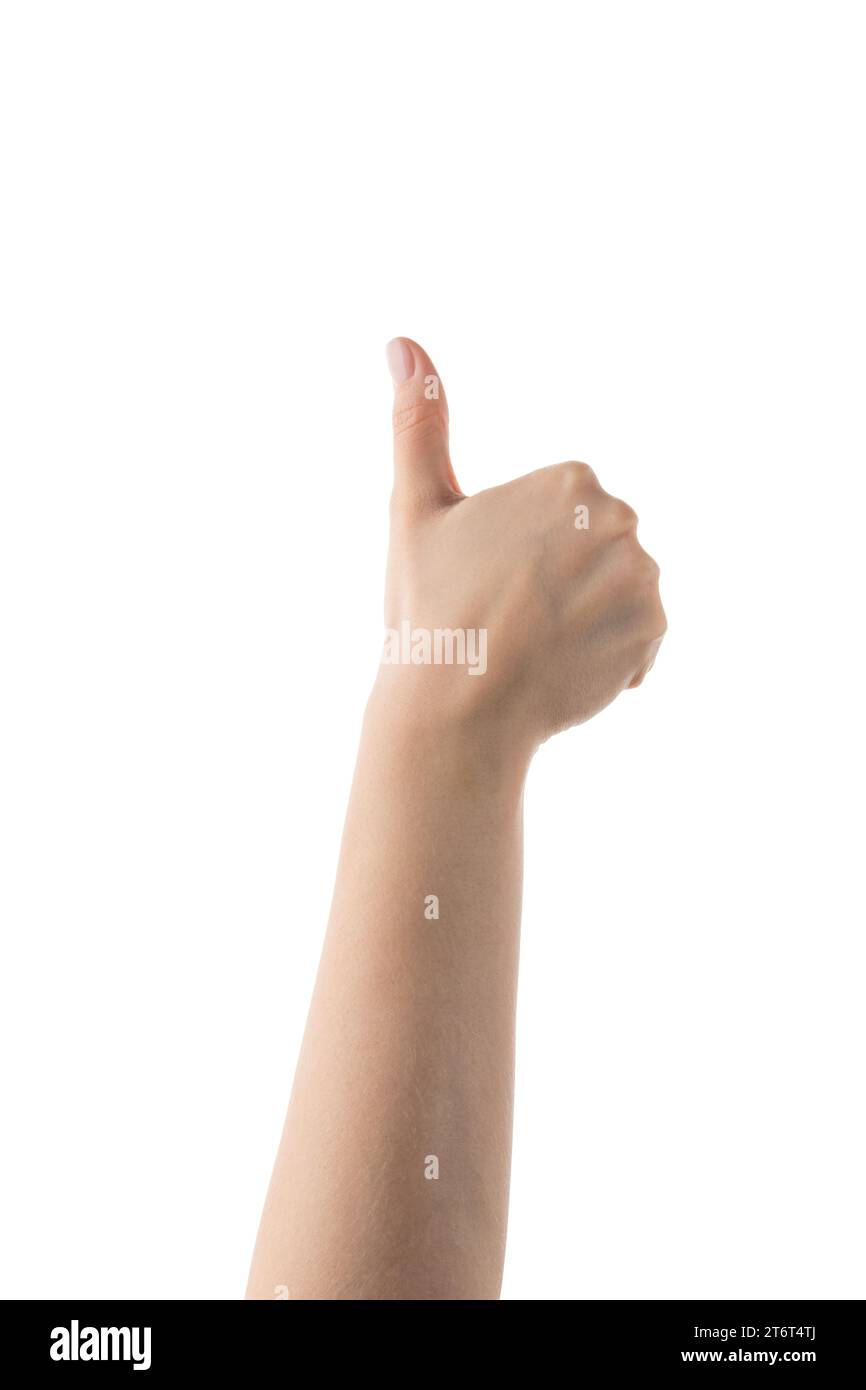 La mano destra della giovane donna mostra il movimento del pollice isolato su sfondo bianco Foto Stock