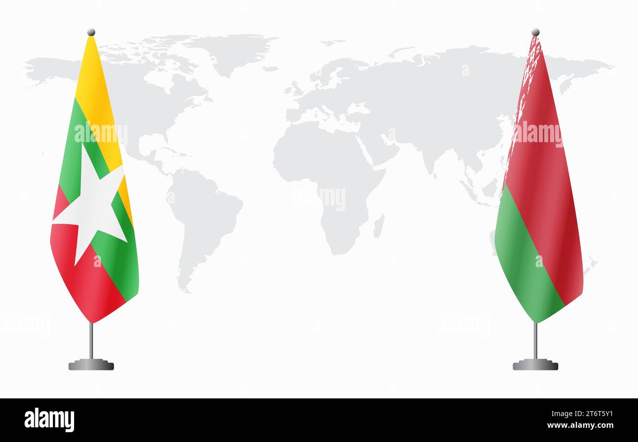Bandiere birmane e bielorusse per incontri ufficiali sullo sfondo della mappa mondiale. Illustrazione Vettoriale