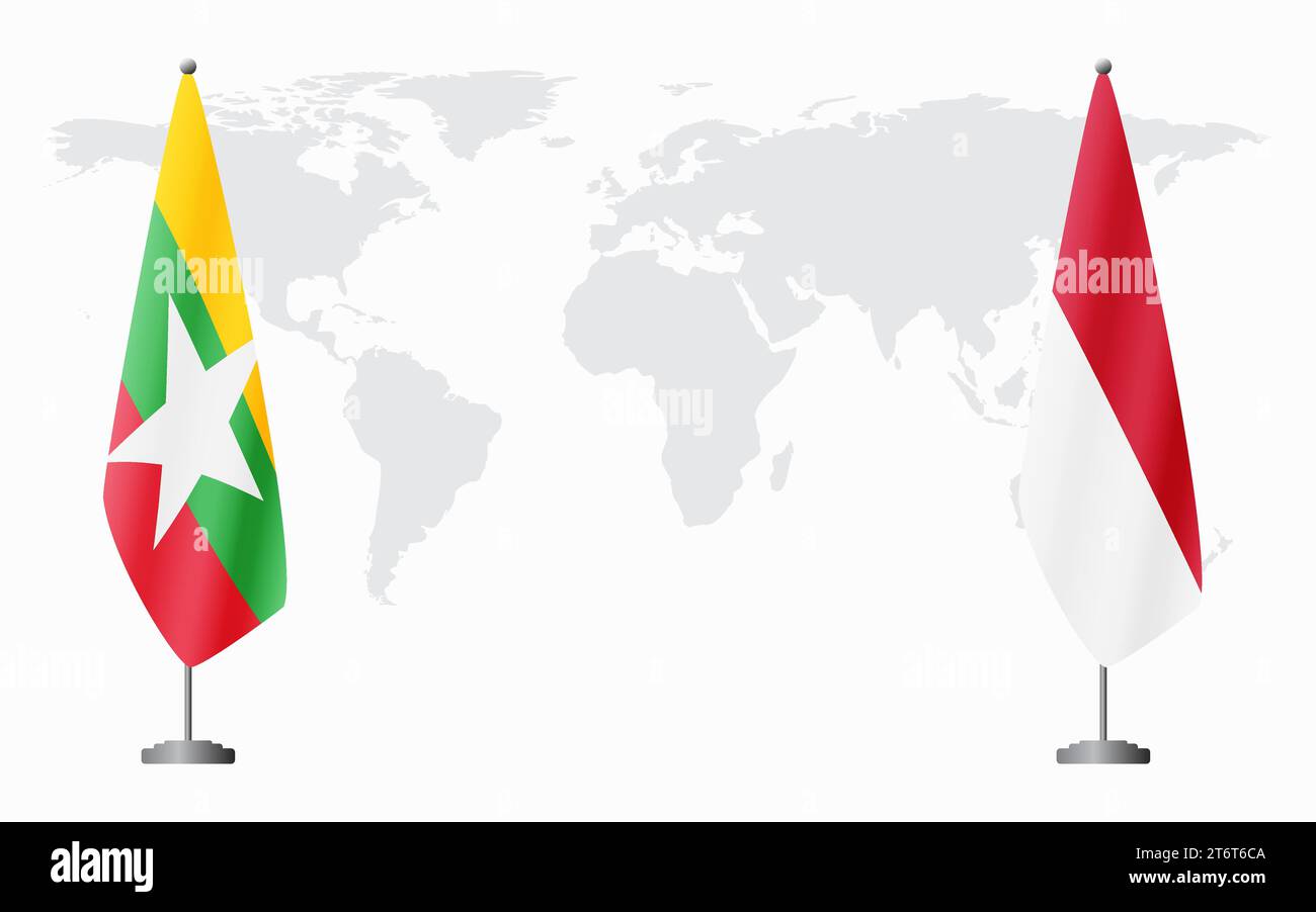 Myanmar e Monaco bandiere per un incontro ufficiale sullo sfondo della mappa mondiale. Illustrazione Vettoriale