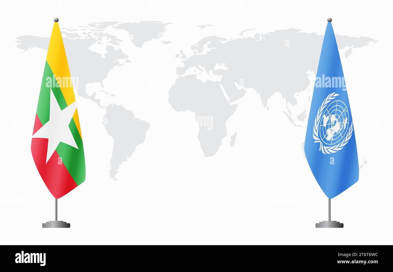 Bandiere del Myanmar e delle Nazioni Unite per un incontro ufficiale sullo sfondo della mappa mondiale. Illustrazione Vettoriale