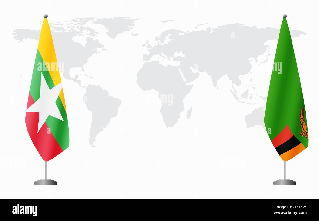 Myanmar e Zambia bandiere per un incontro ufficiale sullo sfondo della mappa mondiale. Illustrazione Vettoriale