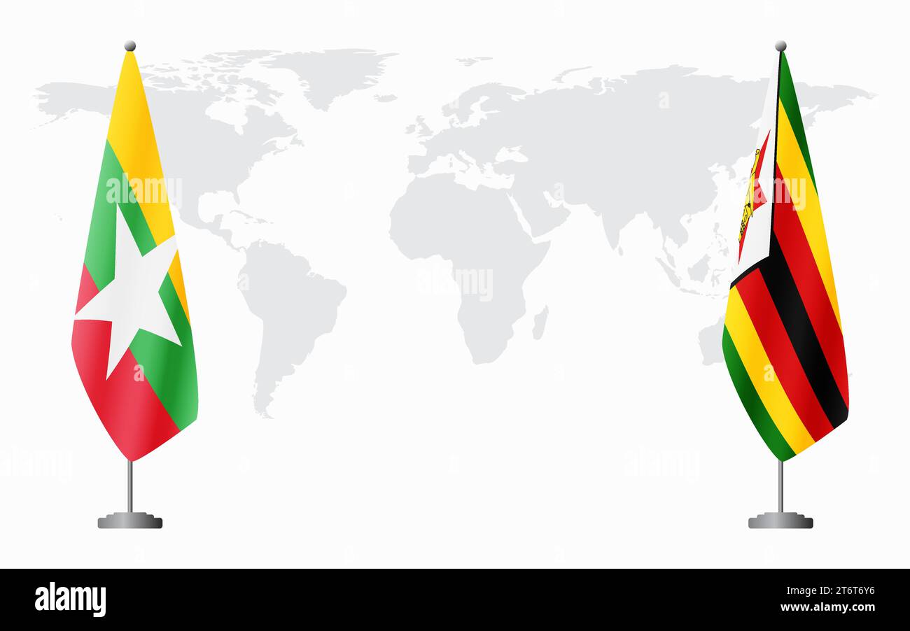 Myanmar e Zimbabwe bandiere per un incontro ufficiale sullo sfondo della mappa mondiale. Illustrazione Vettoriale