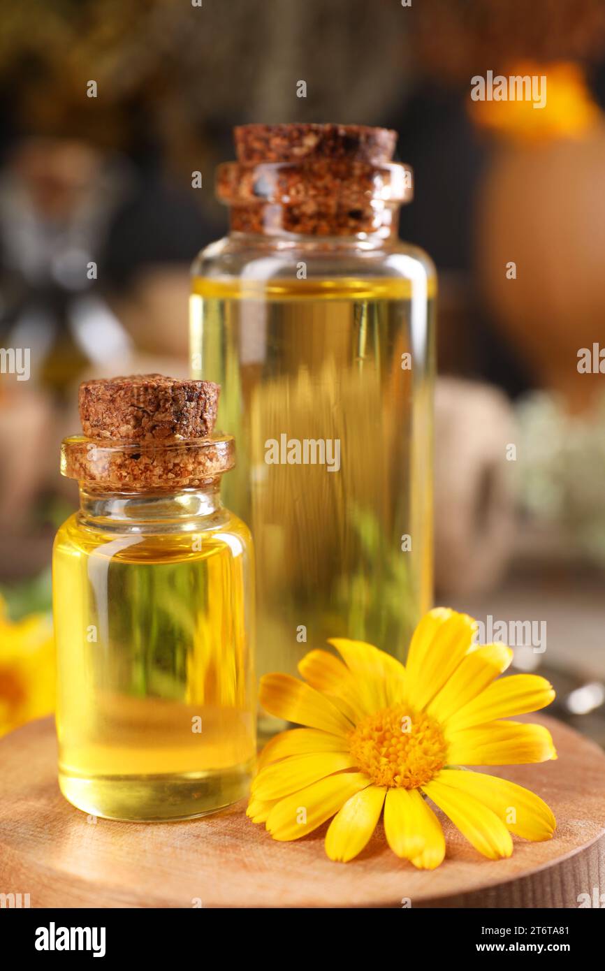 Bottiglie di oli essenziali e fiori di calendula su tavola di legno, primo piano. Erbe medicinali Foto Stock