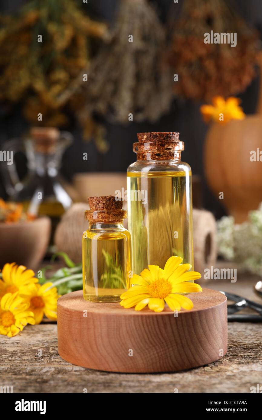 Bottiglie di oli essenziali e fiori di calendula su tavola di legno. Erbe medicinali Foto Stock