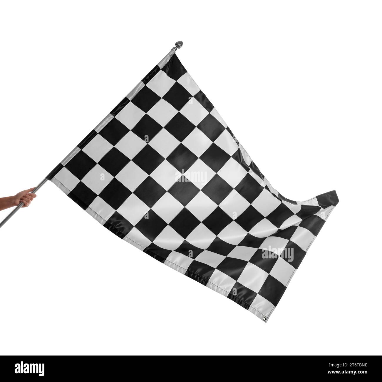 Un flag di finitura a scacchi isolato su bianco Foto Stock