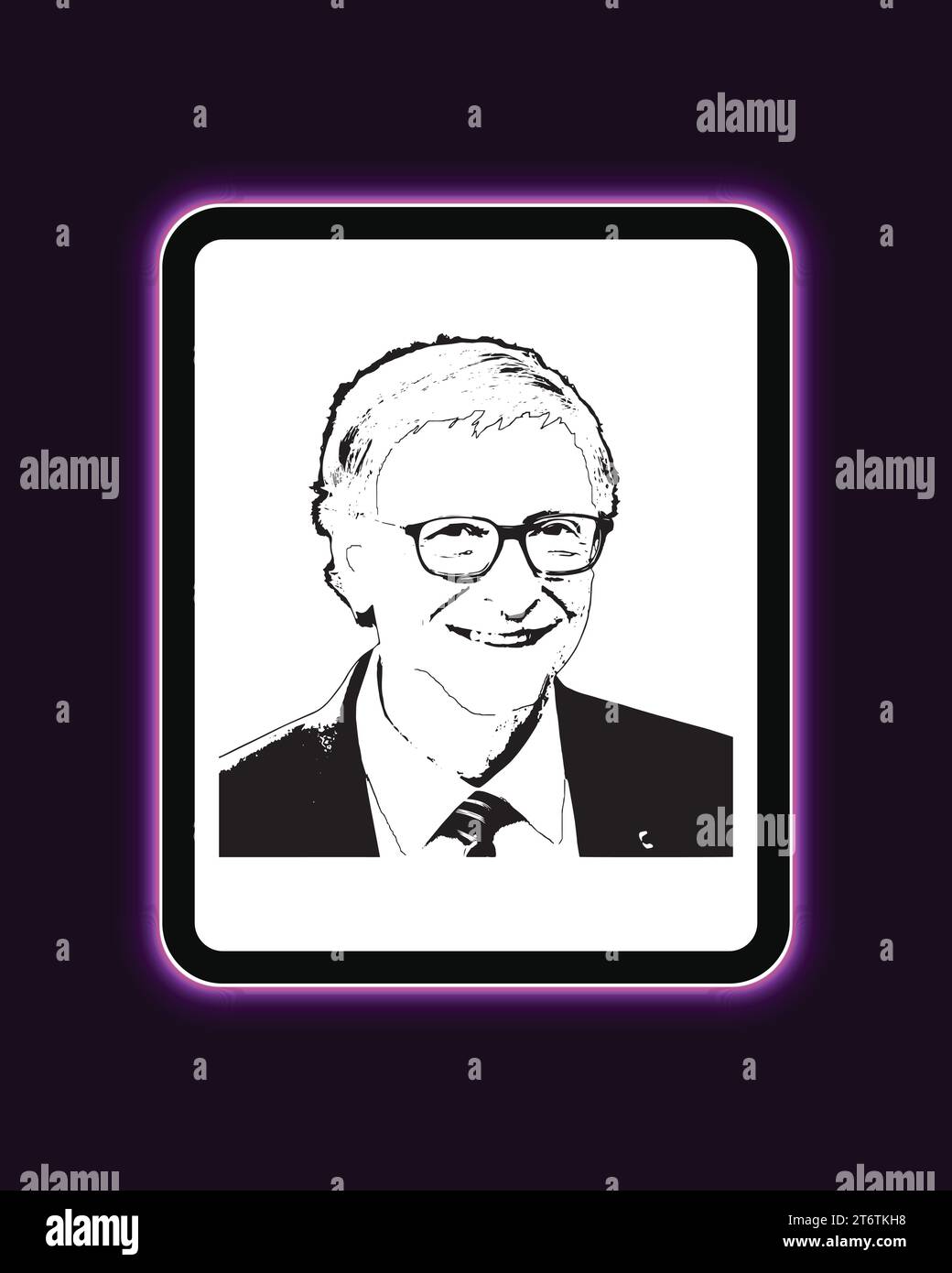 Bill Gates Business magnate americano Neon Light Board View sfondo viola, immagine astratta modificabile illustrazione vettoriale Illustrazione Vettoriale