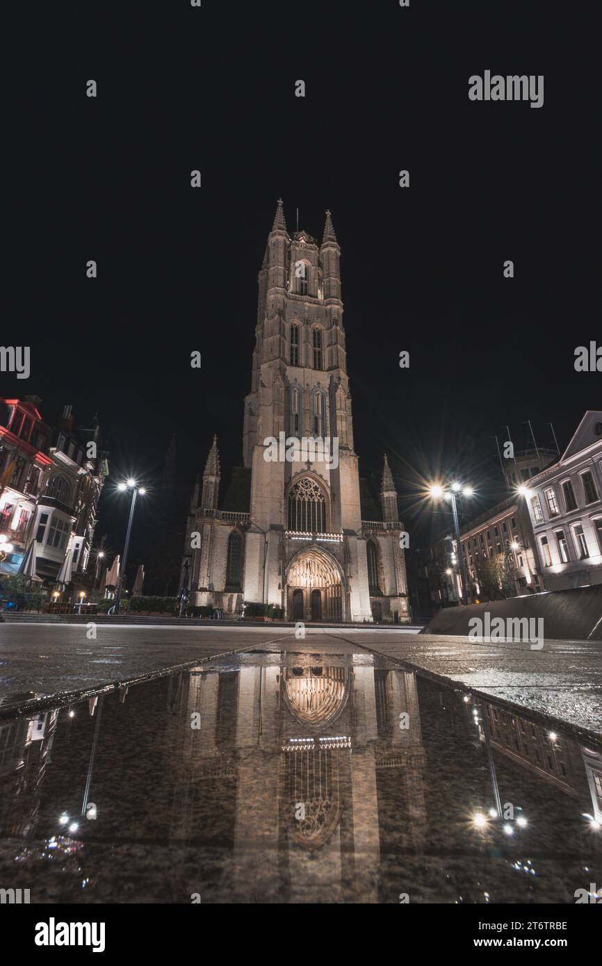 Sint-Baafskathedraal nella parte storica di Gand durante la notte. Belfry di Gand. Il più famoso centro storico del Belgio. Illuminazione di mezzanotte o Foto Stock