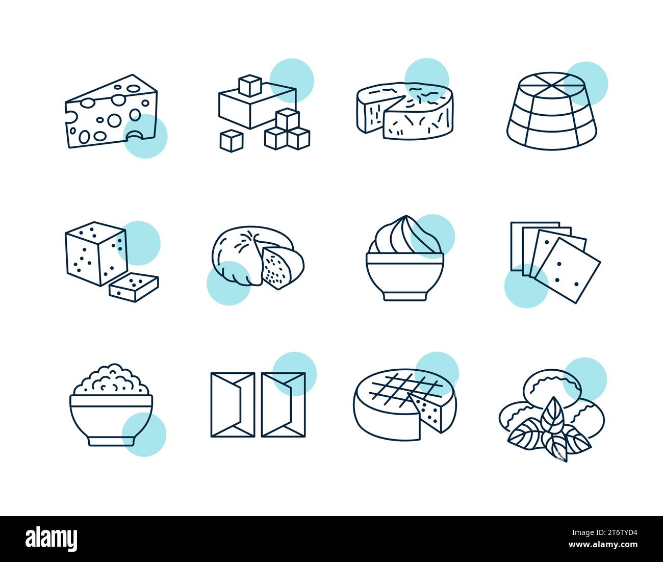 Set di icone del formaggio vettoriale. Cartello prodotti lattiero-caseari. Simbolo grafico per la progettazione di siti Web e app per cucinare, logo, app, interfaccia utente Illustrazione Vettoriale