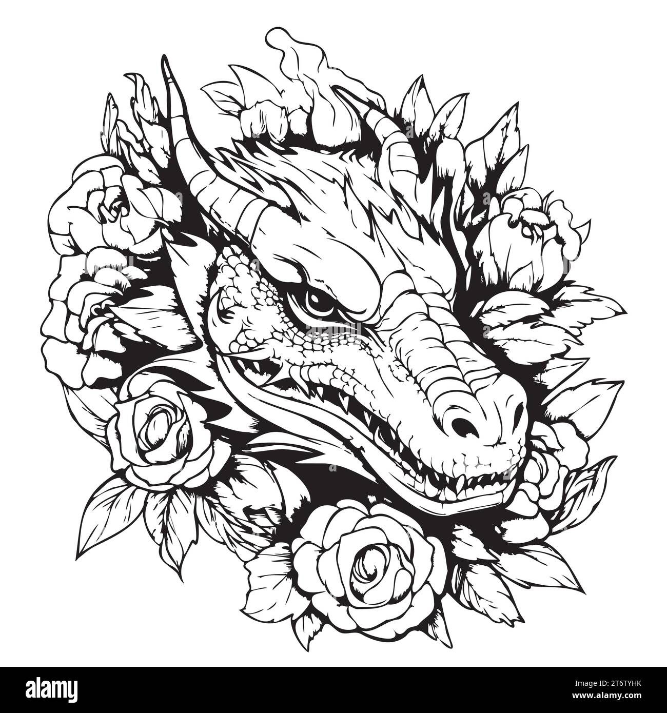Faccia del drago nello schizzo dei fiori. Illustrazione vettoriale isolata su sfondo bianco per tatuaggi, colorazioni, poster e altri oggetti. Illustrazione Vettoriale