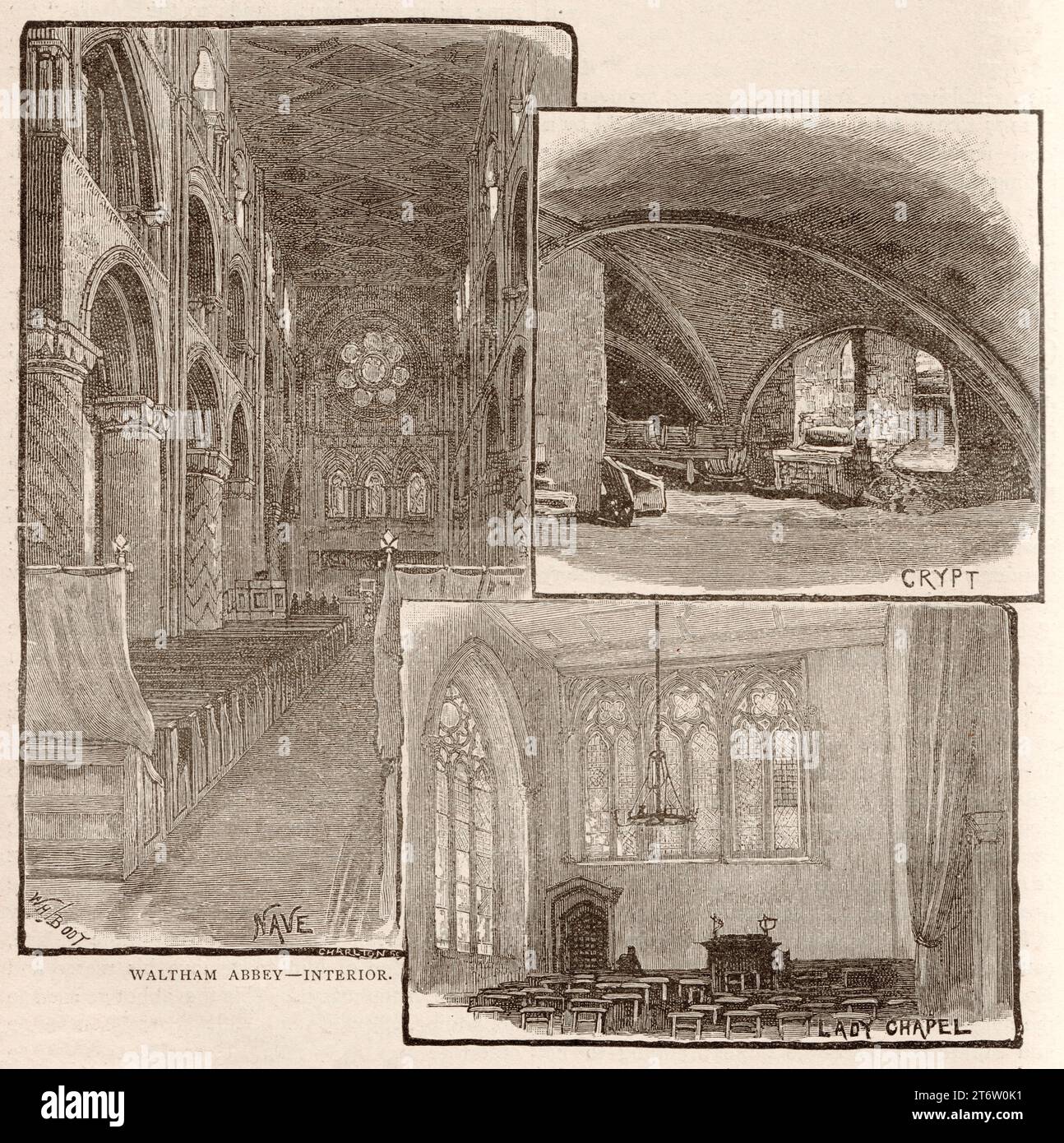 Incisione degli interni di Waltham Abbey dal libro: "Greater London, volume 1" di Cassel and Company, Londra 1898. Foto Stock