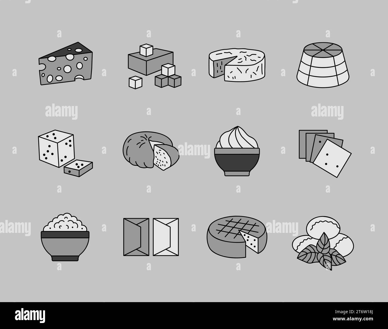 Set di icone della scala di grigi dei vettori del formaggio. Cartello prodotti lattiero-caseari. Simbolo grafico per la progettazione di siti Web e app per cucinare, logo, app, interfaccia utente Illustrazione Vettoriale