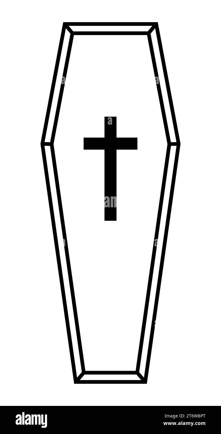 Una bara, sagoma vettoriale in bianco e nero, raffigurante una scatola funeraria con croce, isolata su bianco Illustrazione Vettoriale