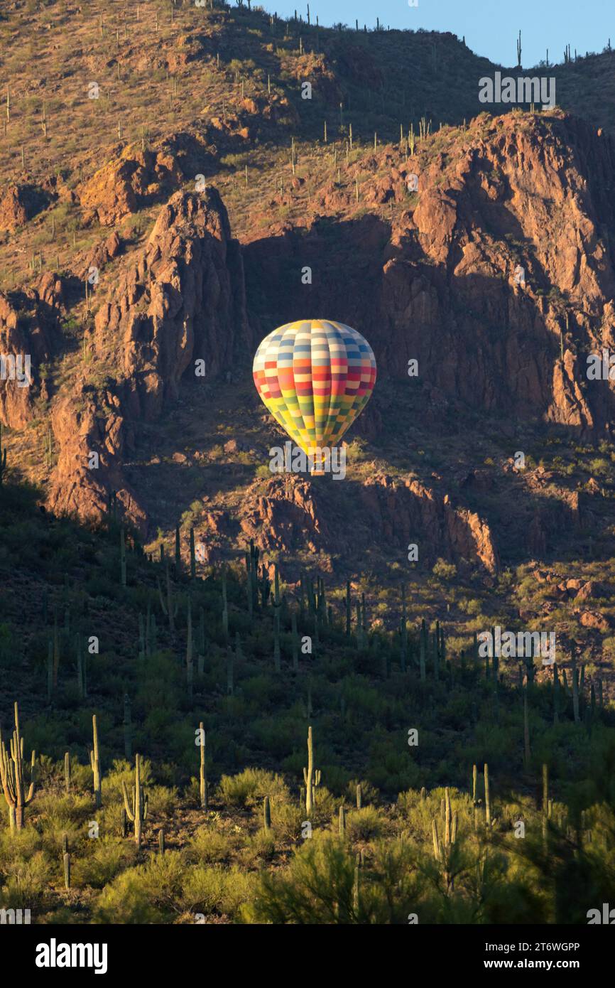 Pattuglia in mongolfiera all'alba sul White Stallion Ranch, Marana, Arizona Foto Stock