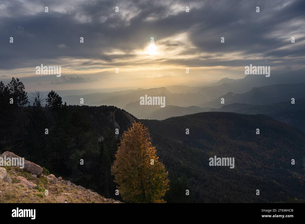 Tramonto nella zona montuosa di Rasos de Peguera. Foto Stock