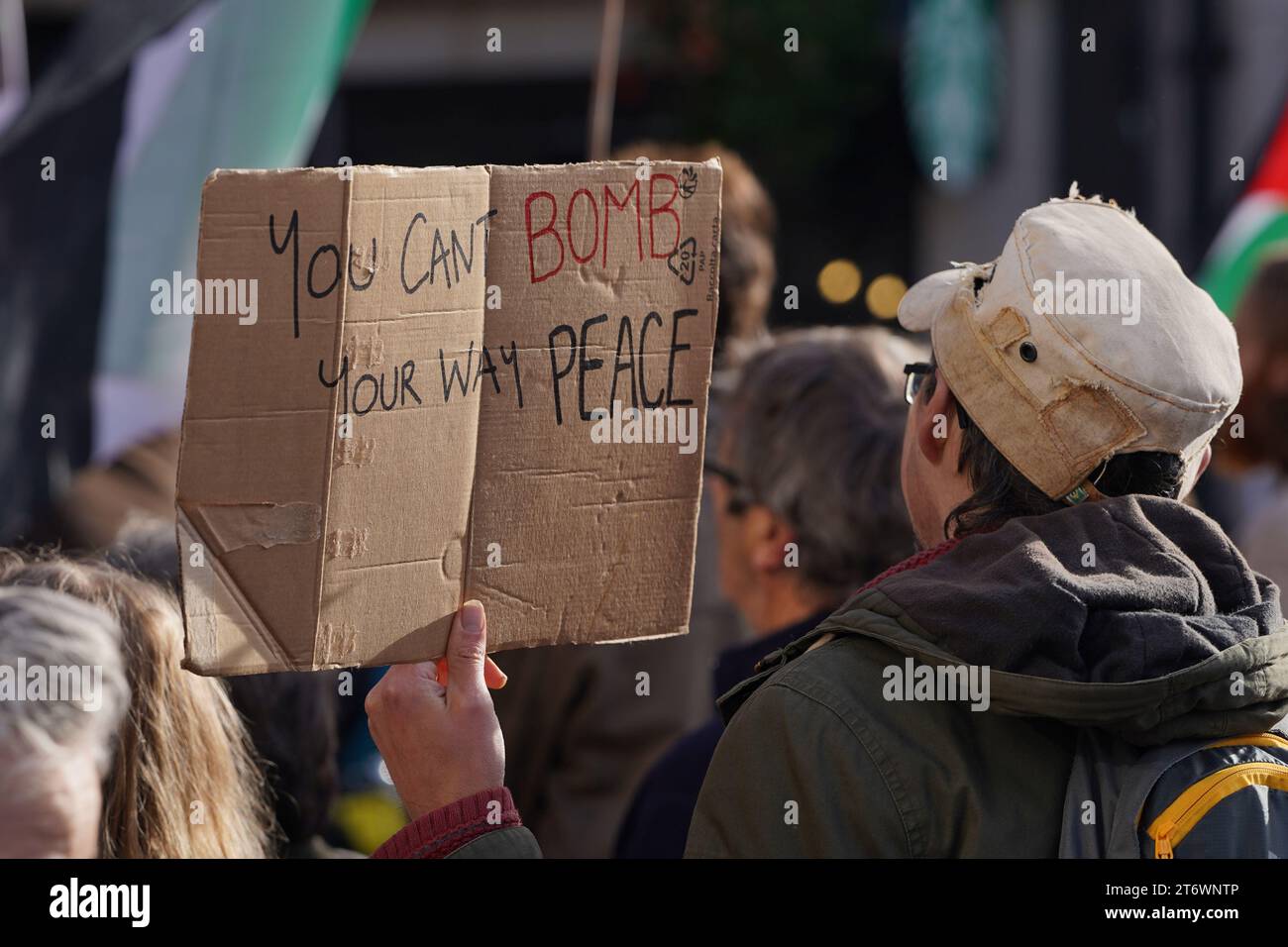 Messaggi di sostegno su cartelli e cartelli alla marcia pro Palestina nel centro di Cardiff, sabato 11 novembre 2023 Foto Stock