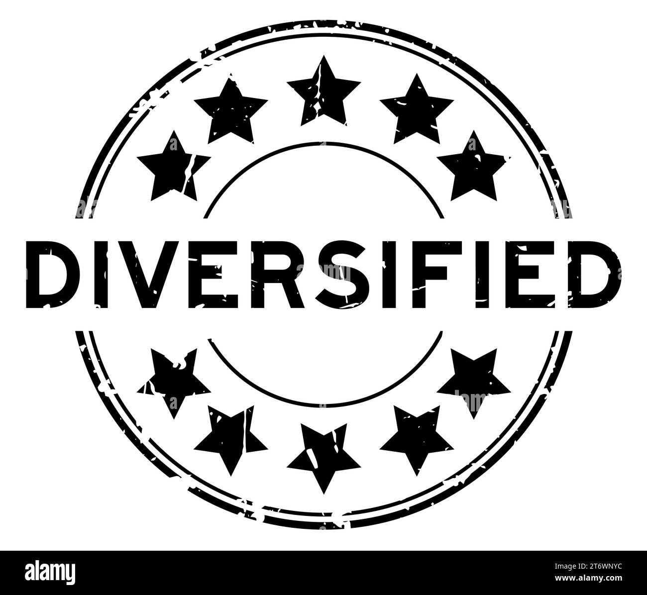 Parola diversificata nera grunge con icona a stella timbro in gomma rotondo su sfondo bianco Illustrazione Vettoriale